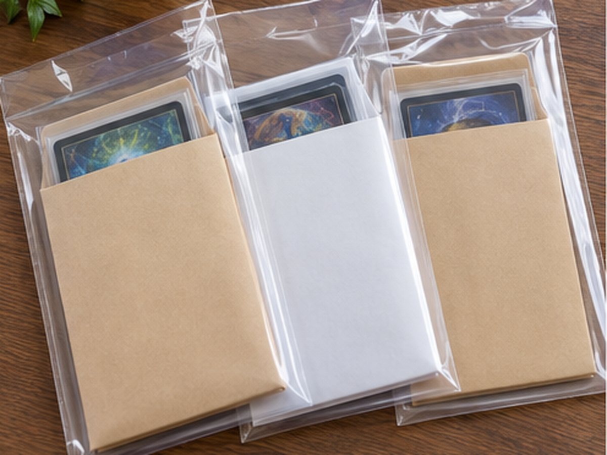 作品や時期ごとに小さな紙封筒へ分けて保管した売却用トレカの状態整理