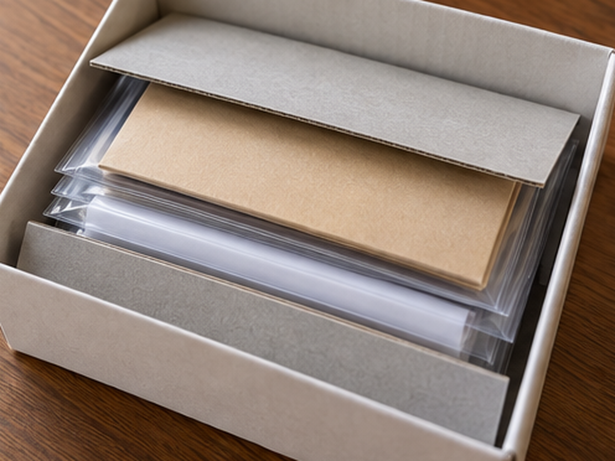 作品や時期ごとに小さな紙封筒へ分けて保管した売却用トレカの保護準備