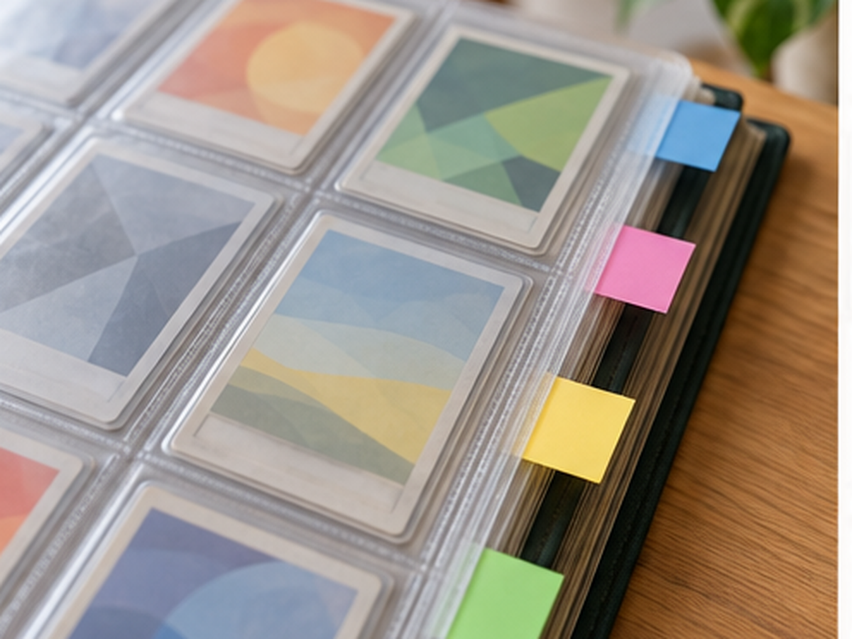 写真用アルバムの透明ポケットへ一枚ずつ入れて保管した売却予定のトレカの保護準備